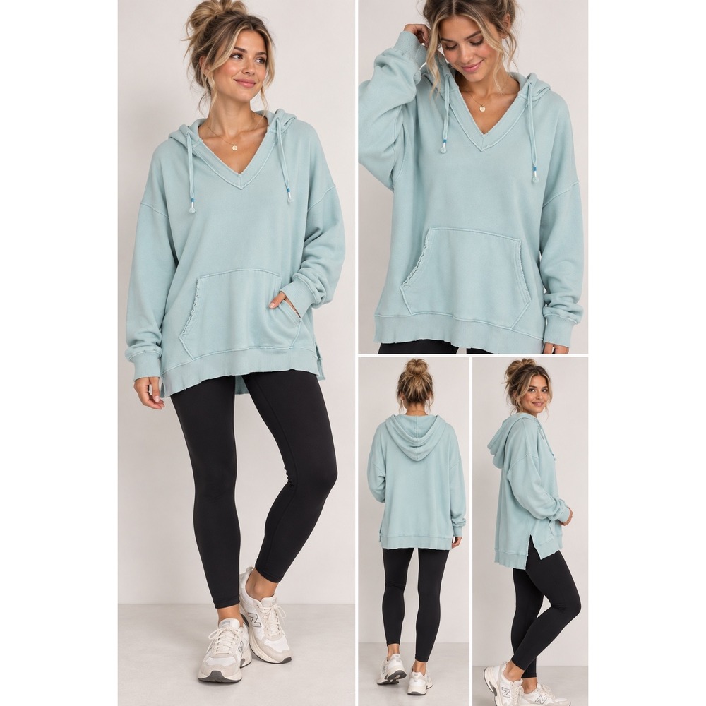 Aerie Womens Light Blue V-Neck Distressed Pullover Hoodie Size S Oversized Tunic
